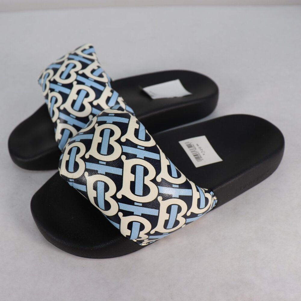 Burberry Furley TB Flock Slides White Navy Leather Women's Size 36